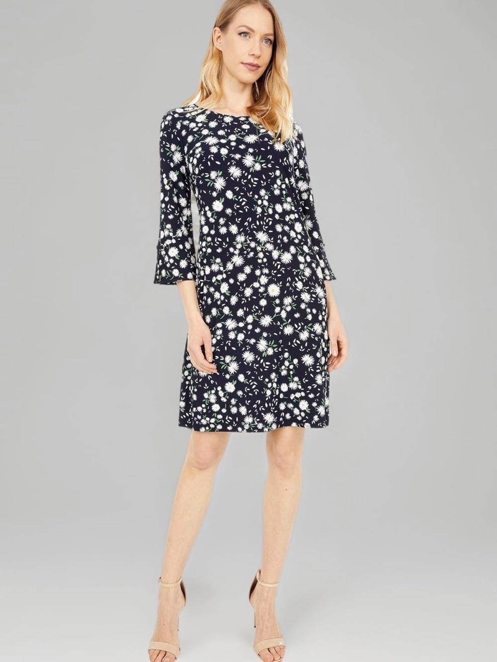 Tommy Hilfiger Daisy Flower Print Sheath Dress Blue White 10 Stretch Knit Casual